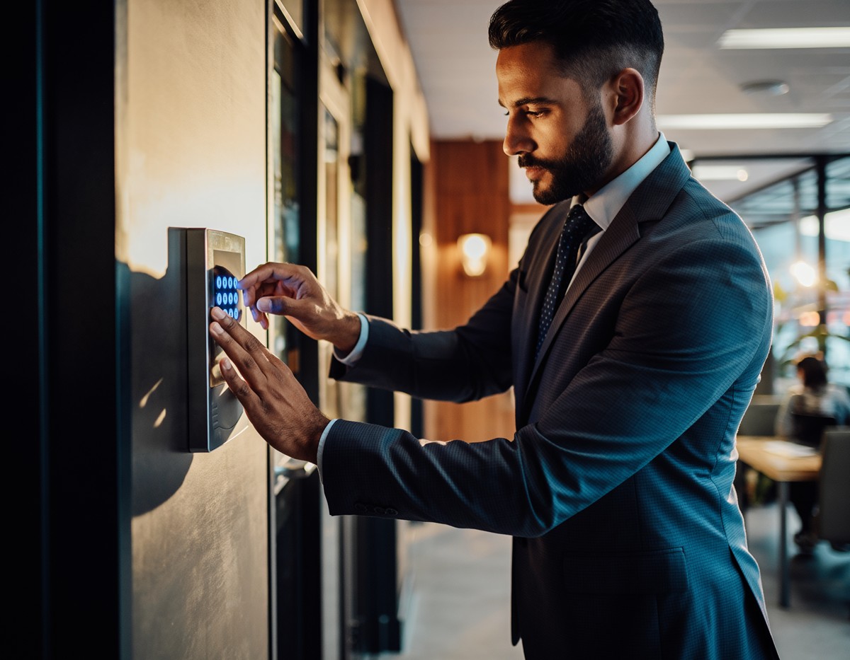 Firefly_Business person disabling door alarm security system in office building. 420928