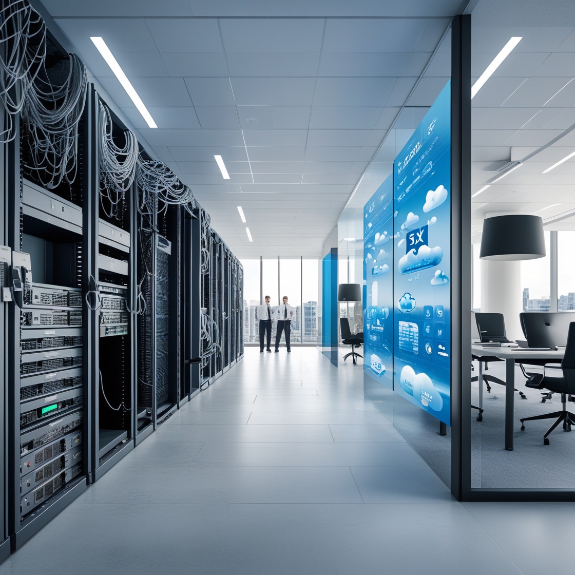 Modern office showcasing 3CX cloud phone system infrastructure alongside traditional PBX server racks for business communication comparison