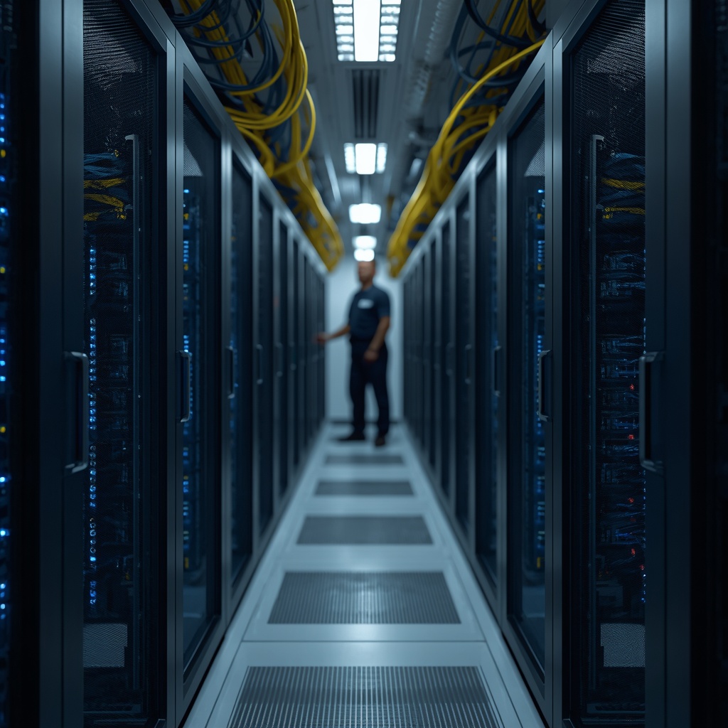 IT technician inspecting structured cabling and network server racks in a modern data center for business network infrastructure